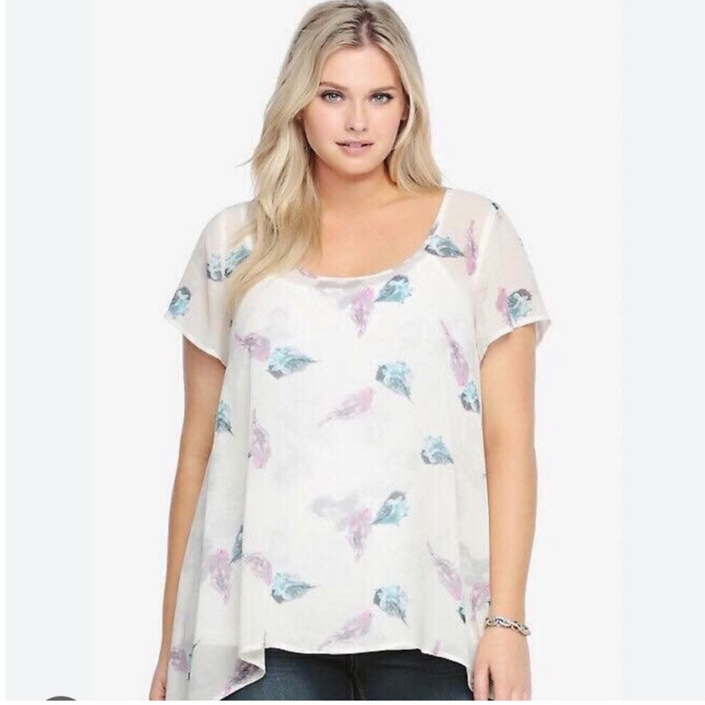 Torrid Bird Print Sharkbite Hem Blouse